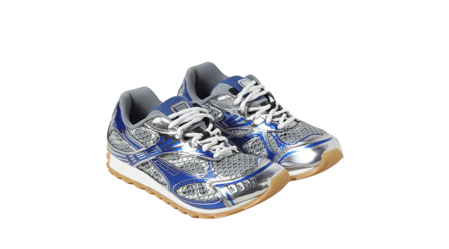 A pair of metallic silver and blue ASICS sneakers with mesh uppers, reflective details, and a gum rubber outsole for traction.