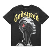 Black t-shirt with "Godspeed" in yellow text, featuring an image of a robot head with a red logo on its ear.