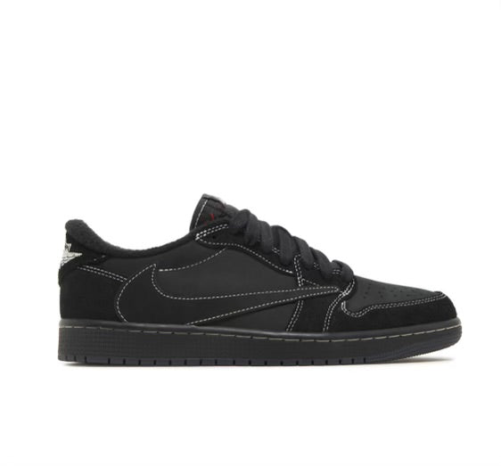 A side view of a black Nike Air Jordan 1 Low sneaker with white stitching, a black leather upper, and the signature Nike swoosh.