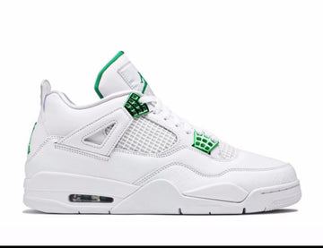 A side view of a white and green Air Jordan 4 sneaker with mesh detailing, green accents, and a visible Air unit in the heel.