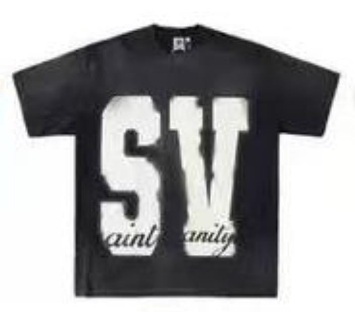 A black Saint Vanity t-shirt featuring large "SV" letters on the front with "saint vanity" text underneath in a smaller font.