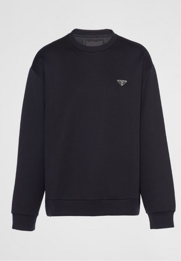Black sweatshirt featuring a small Prada logo patch on the chest, with ribbed cuffs and hem for a stylish and cozy fit.