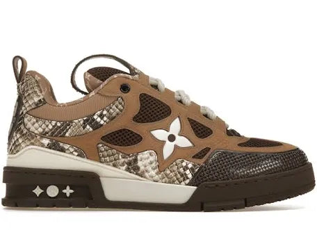 A pair of sneakers featuring a snake-print design in brown and beige, with white floral accents and a chunky, sporty sole.