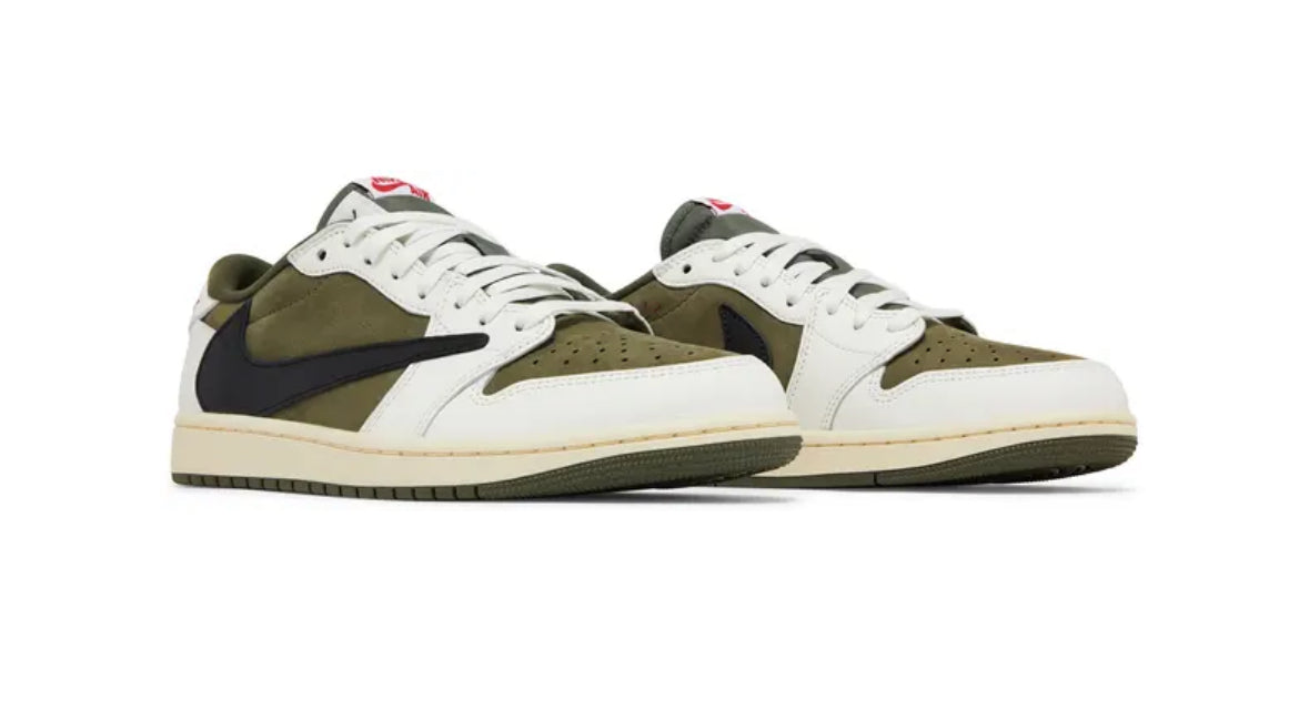 Pair of white and olive-green sneakers with black swoosh logos, white laces, and beige soles shown on a white background.