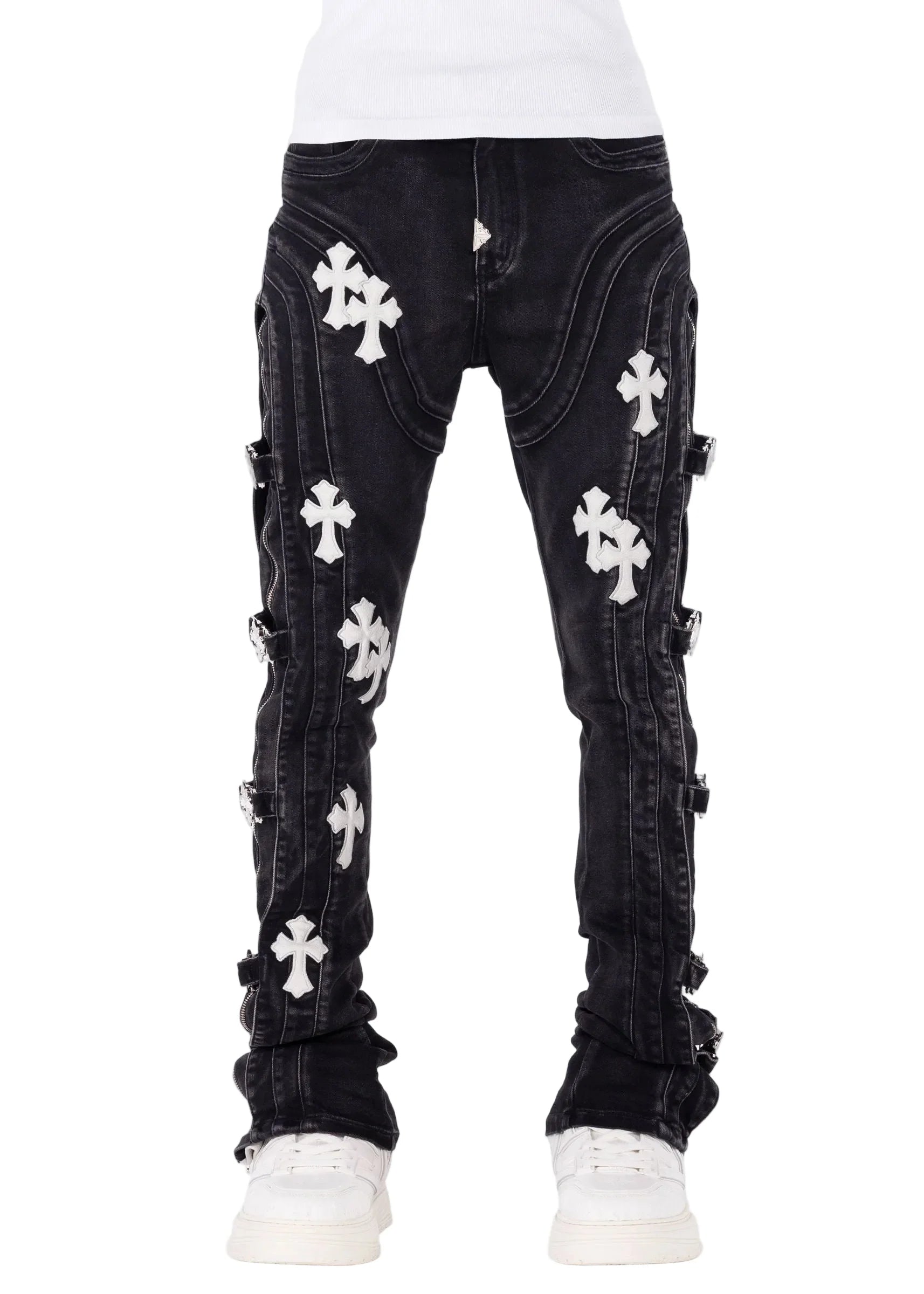 GUAPI: Obsidian Black Cross Buckle Denim