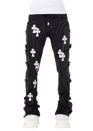 GUAPI: Obsidian Black Cross Buckle Denim