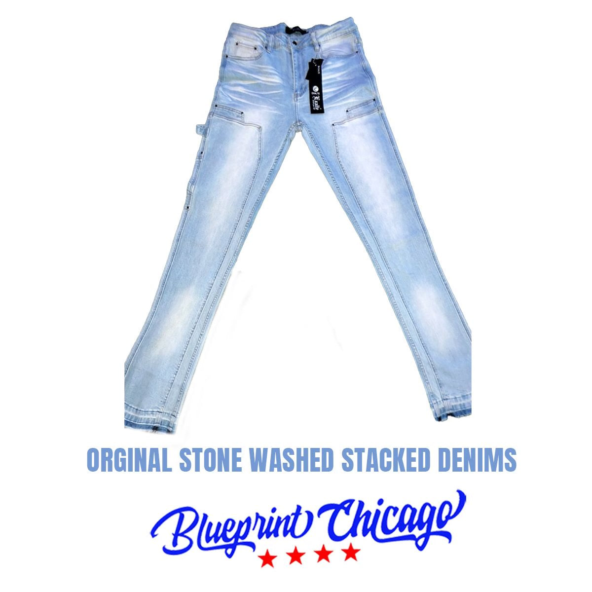 Light stone-washed stacked denim jeans with faded areas, displayed flat with price tags attached, and "Blueprint Chicago" logo at the bottom.