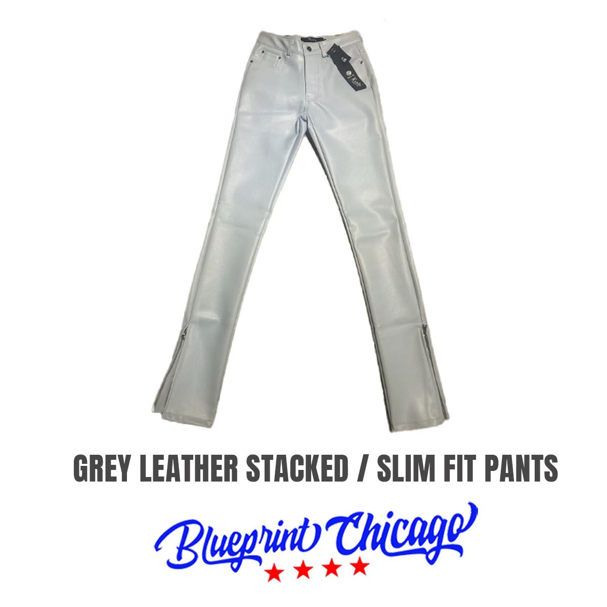 EXALTE : Grey Leather Stacked/Slim Fit Pants