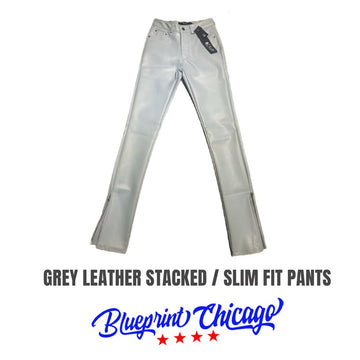 EXALTE : Grey Leather Stacked/Slim Fit Pants