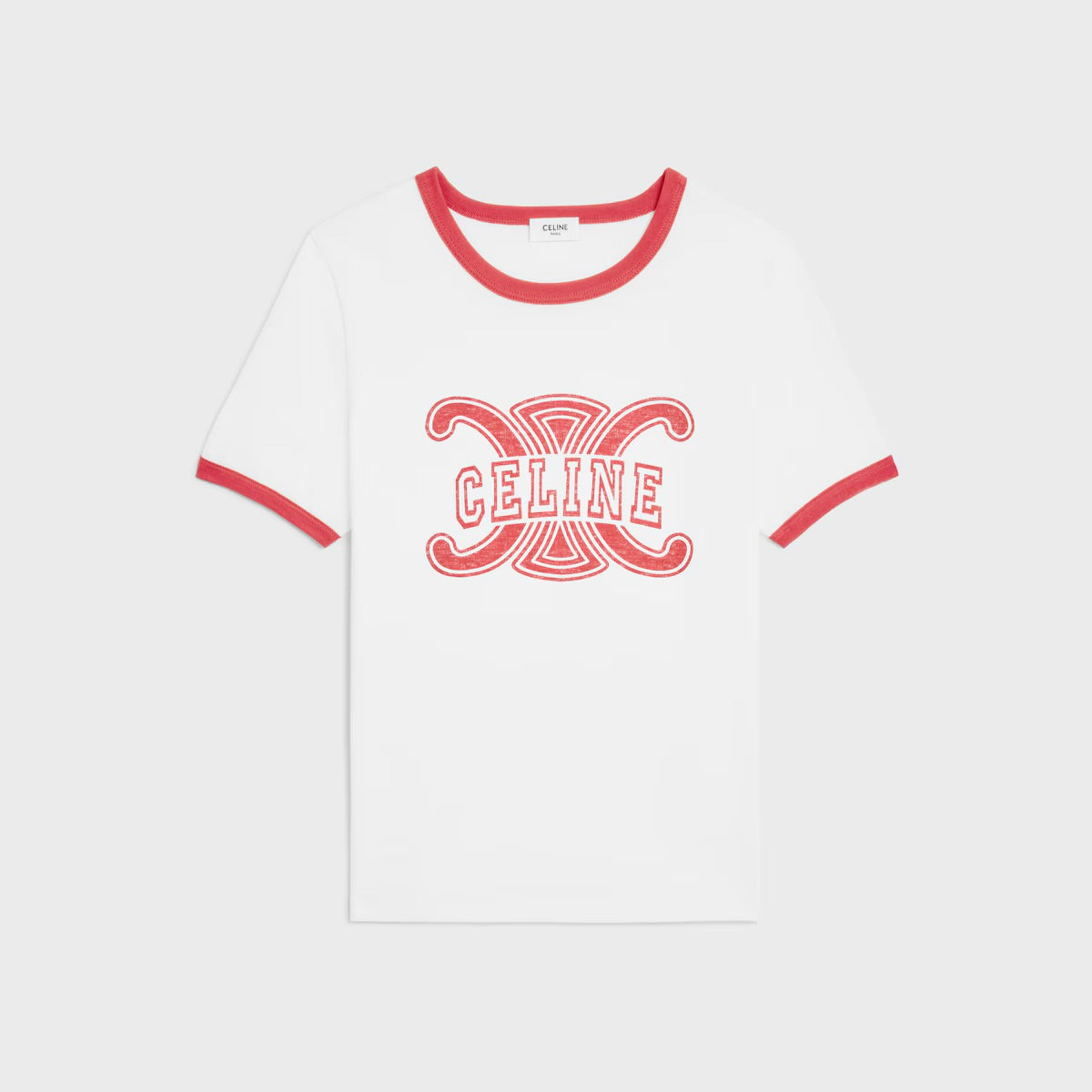 CELINE: OFF WHITE/ ROUGE CERISE 70s T SHIRT