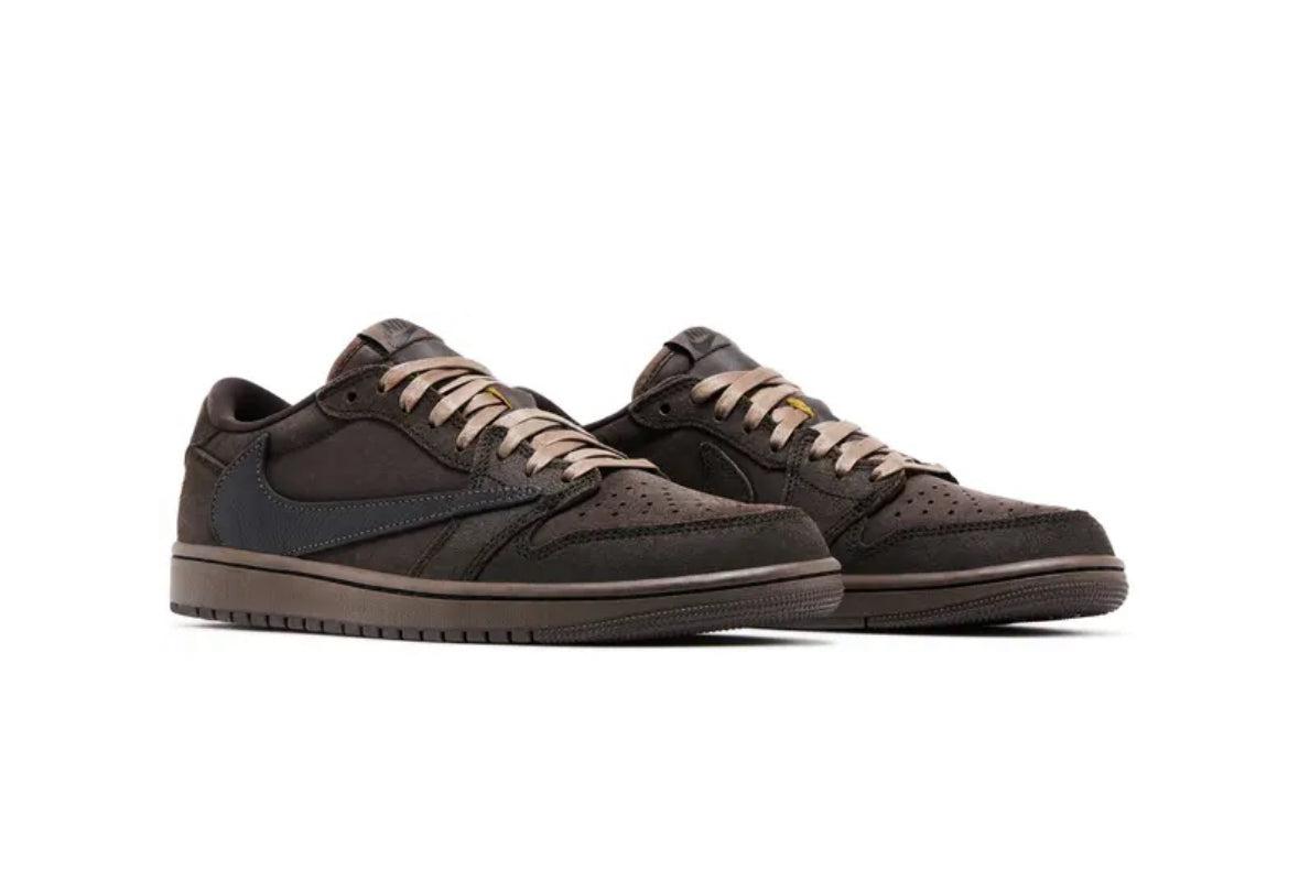 Pair of low-top Nike sneakers in dark brown with black swooshes, beige laces, and a textured sole on a white background.