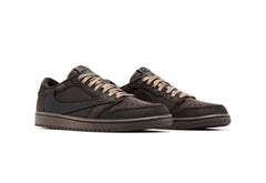 Pair of low-top Nike sneakers in dark brown with black swooshes, beige laces, and a textured sole on a white background.