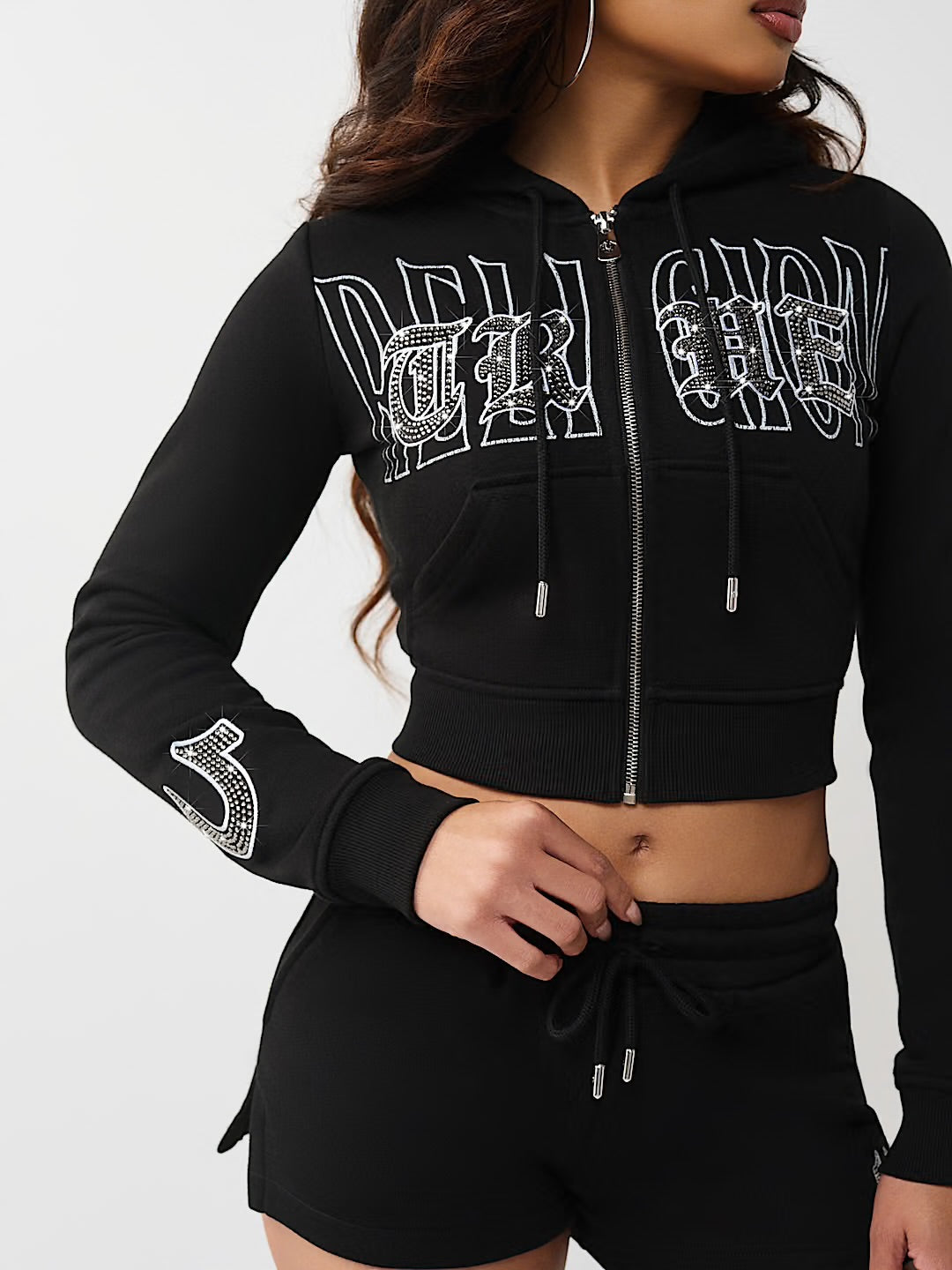True Religion: Crystal Embroidered Shrunken Zip Hoodie