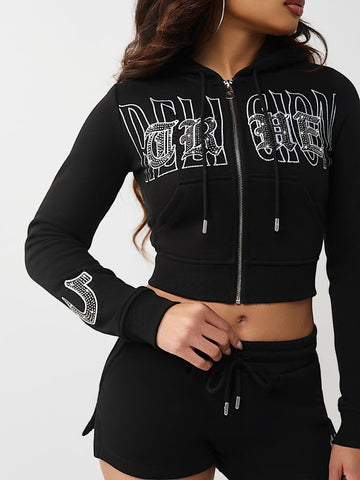 True Religion: Crystal Embroidered Shrunken Zip Hoodie
