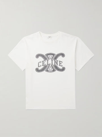 CELINE: LOGO PRINT LOOSE T SHIRT COTTON JERSEY WHITE/GREY