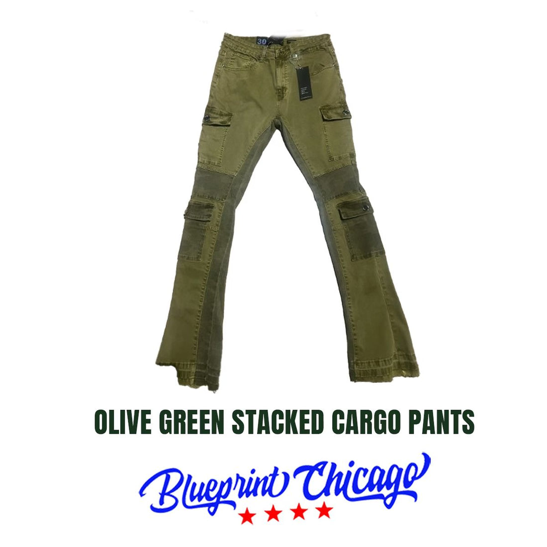 A pair of olive green stacked cargo pants with multiple side pockets and a relaxed fit, featuring the "Blueprint Chicago" logo at the bottom.