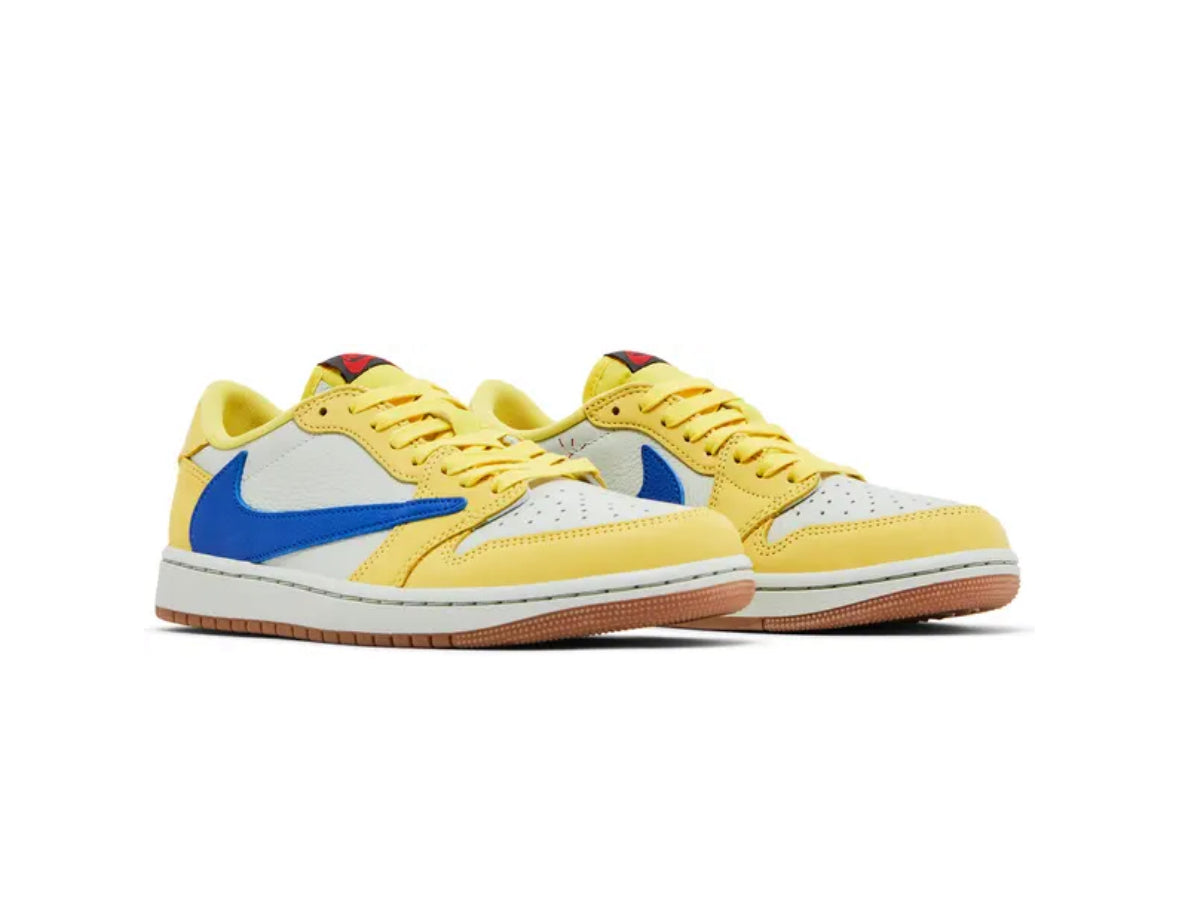 Yellow and white low-top sneakers with blue swoosh logos and gum soles, photographed on a white background, facing right.