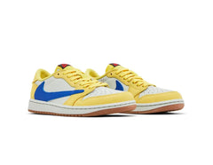 Yellow and white low-top sneakers with blue swoosh logos and gum soles, photographed on a white background, facing right.