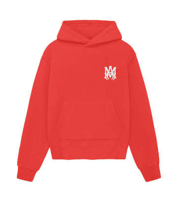 A red hoodie with a white "MM" logo on the chest, featuring a front pocket and a classic hooded design.