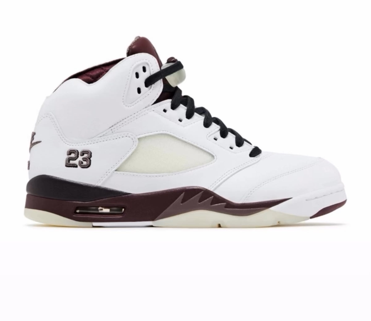 Side view of Air Jordan 5 sneaker in white with burgundy midsole, black laces, mesh panel, and number 23 stitched near the heel.