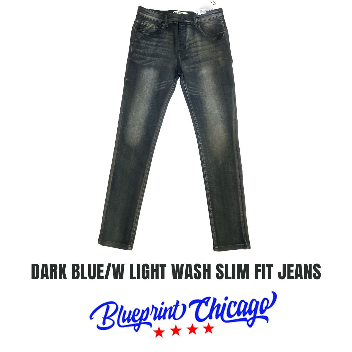 Pair of dark blue slim-fit jeans with light wash, displayed flat with a "Blueprint Chicago" label and logo at the bottom.