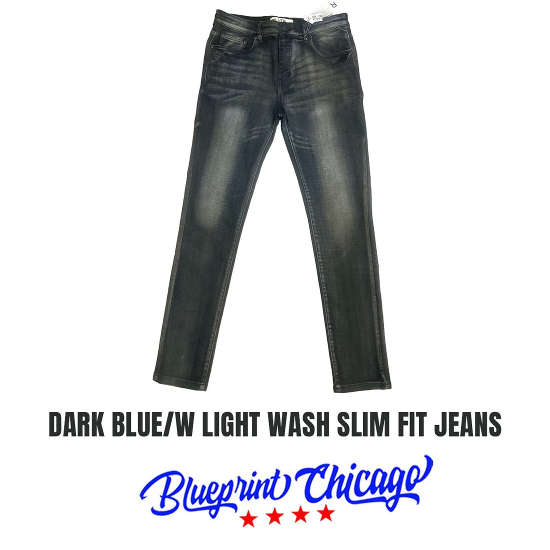 Pair of dark blue slim-fit jeans with light wash, displayed flat with a "Blueprint Chicago" label and logo at the bottom.
