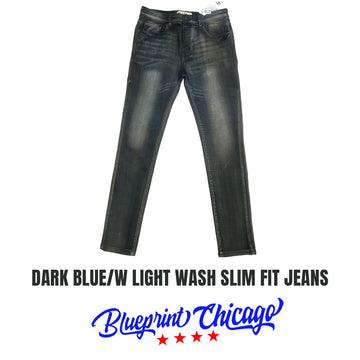 Pair of dark blue slim-fit jeans with light wash, displayed flat with a "Blueprint Chicago" label and logo at the bottom.