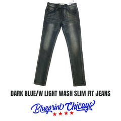 Pair of dark blue slim-fit jeans with light wash, displayed flat with a "Blueprint Chicago" label and logo at the bottom.