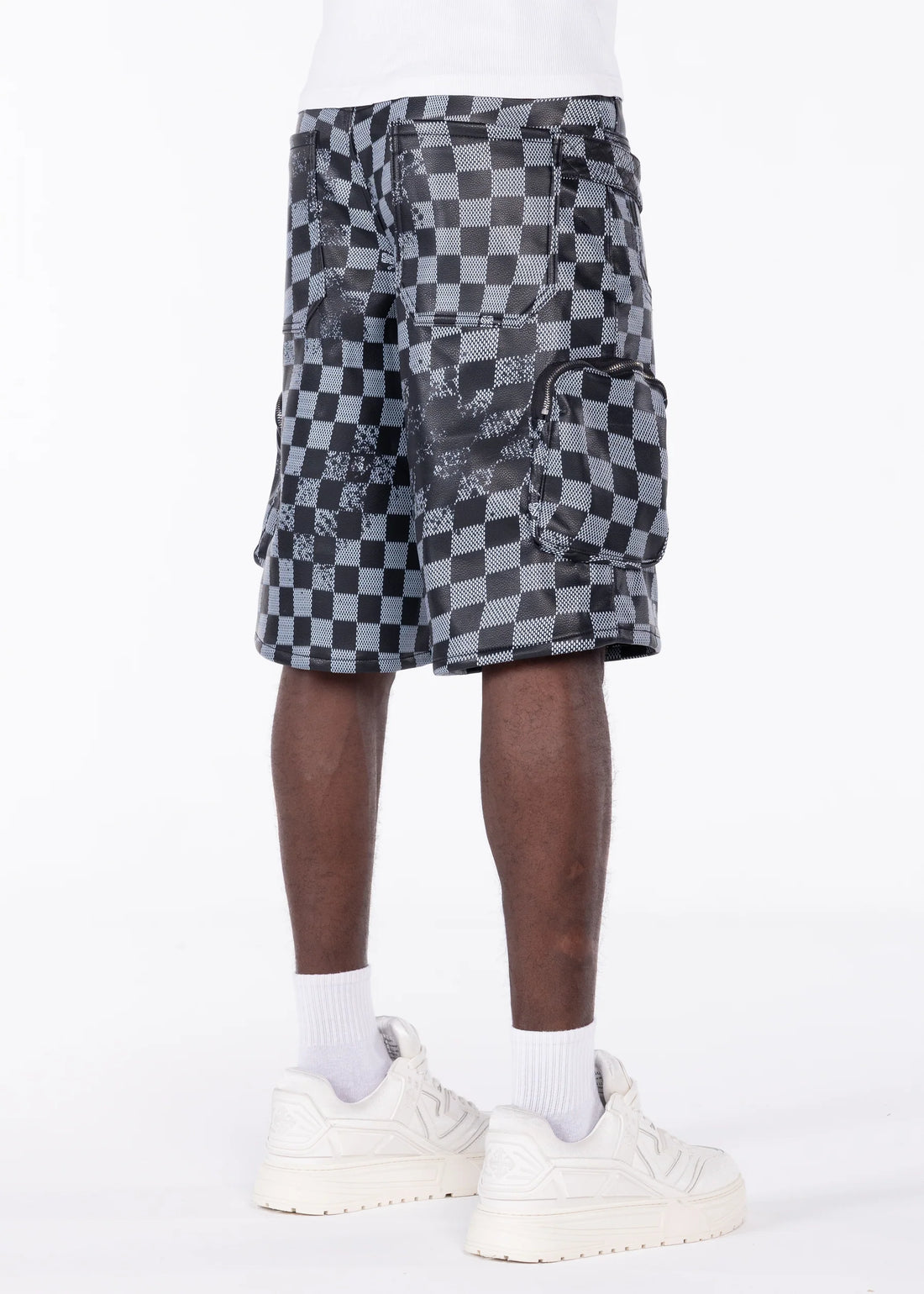 GUAPI: Obsidian Black Checkerboard Leather Shorts