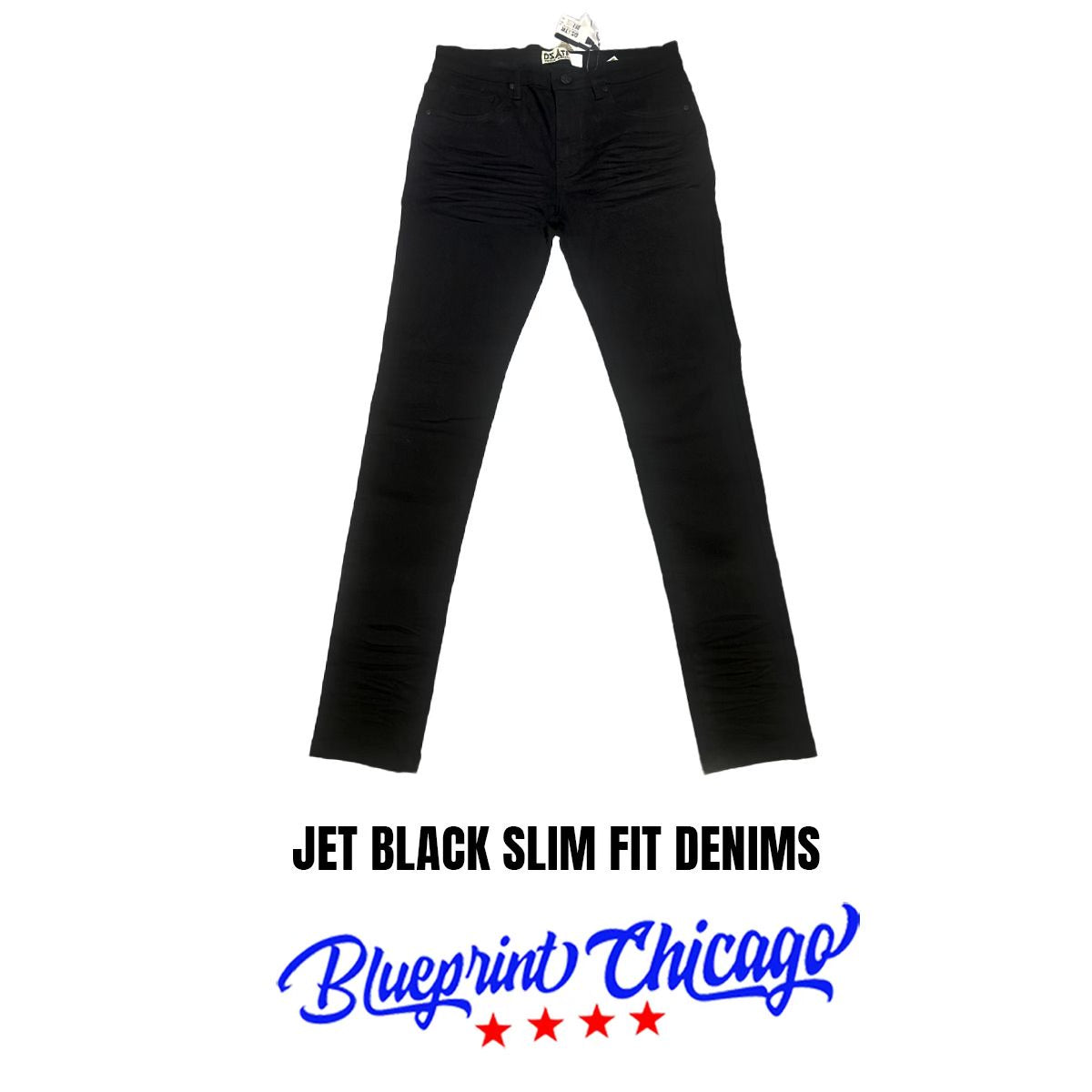 Jet black slim fit denim pants with a clean, minimal design, displayed with the "Blueprint Chicago" logo at the bottom.