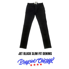 Jet black slim fit denim pants with a clean, minimal design, displayed with the "Blueprint Chicago" logo at the bottom.