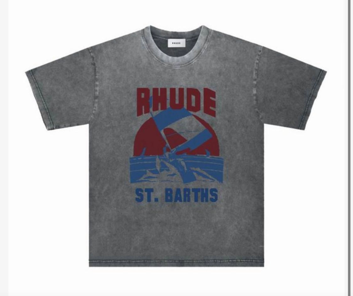 Gray washed t-shirt with maroon and blue graphic text "RHUDE ST. BARTHS" and abstract design printed on the front.