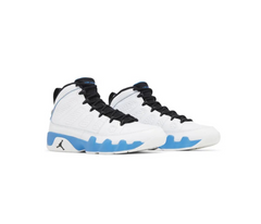 A pair of white and light blue Air Jordan 9 sneakers with black laces and the iconic Jumpman logo on the side.