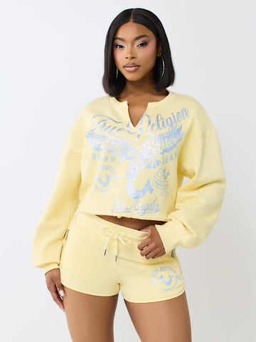 TRUE RELIGION: V-Notch Pullover Top Double Cream