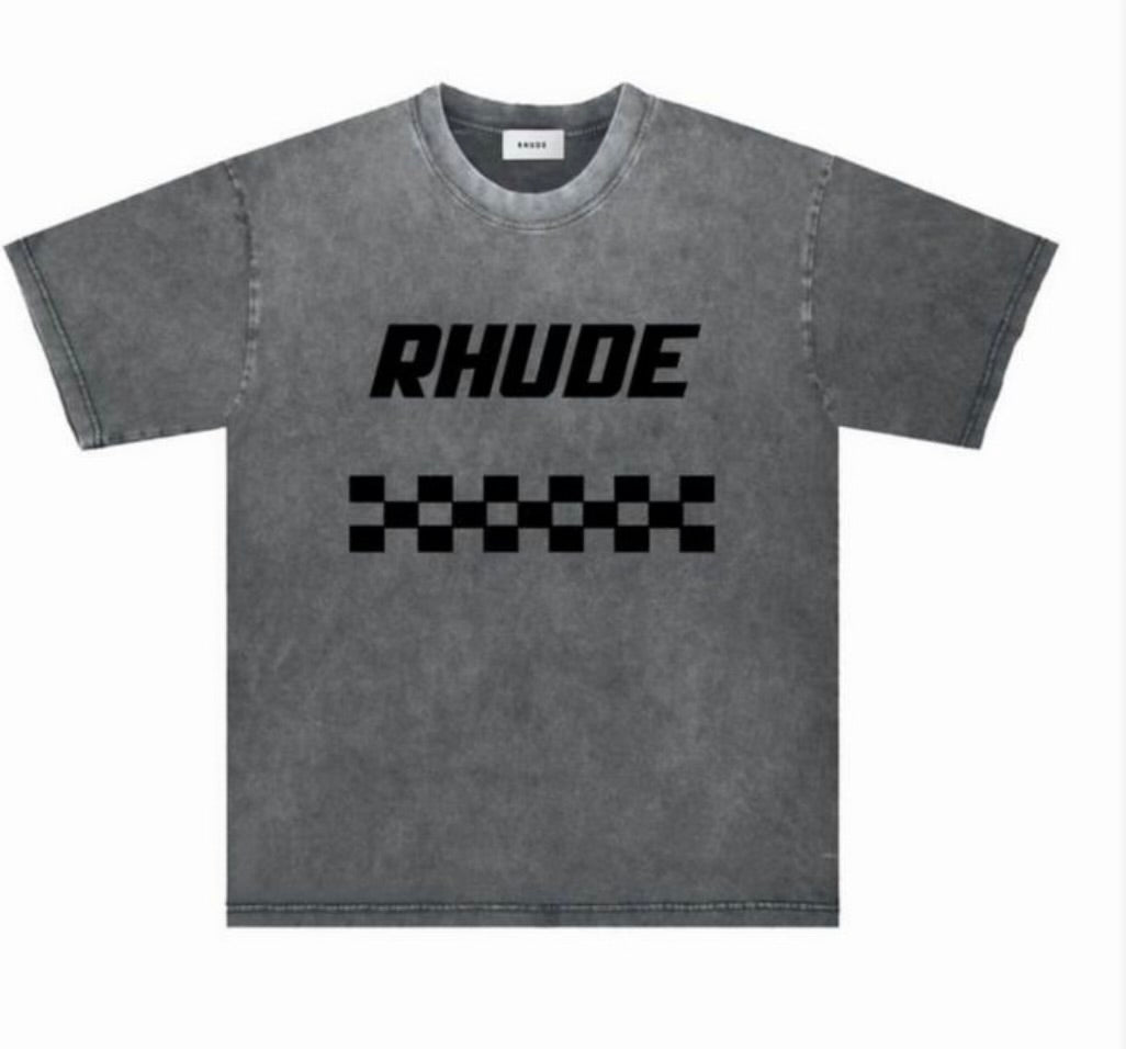 Grey faded t-shirt featuring bold black "RHUDE" text above a black and white checkerboard pattern, laid flat on white background.