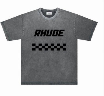 Grey faded t-shirt featuring bold black "RHUDE" text above a black and white checkerboard pattern, laid flat on white background.