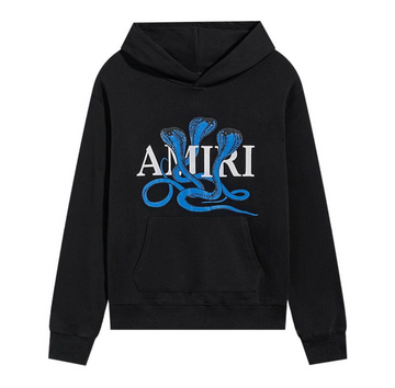 Black hoodie with a front kangaroo pocket featuring a blue three-headed cobra graphic over white "AMIRI" text logo.