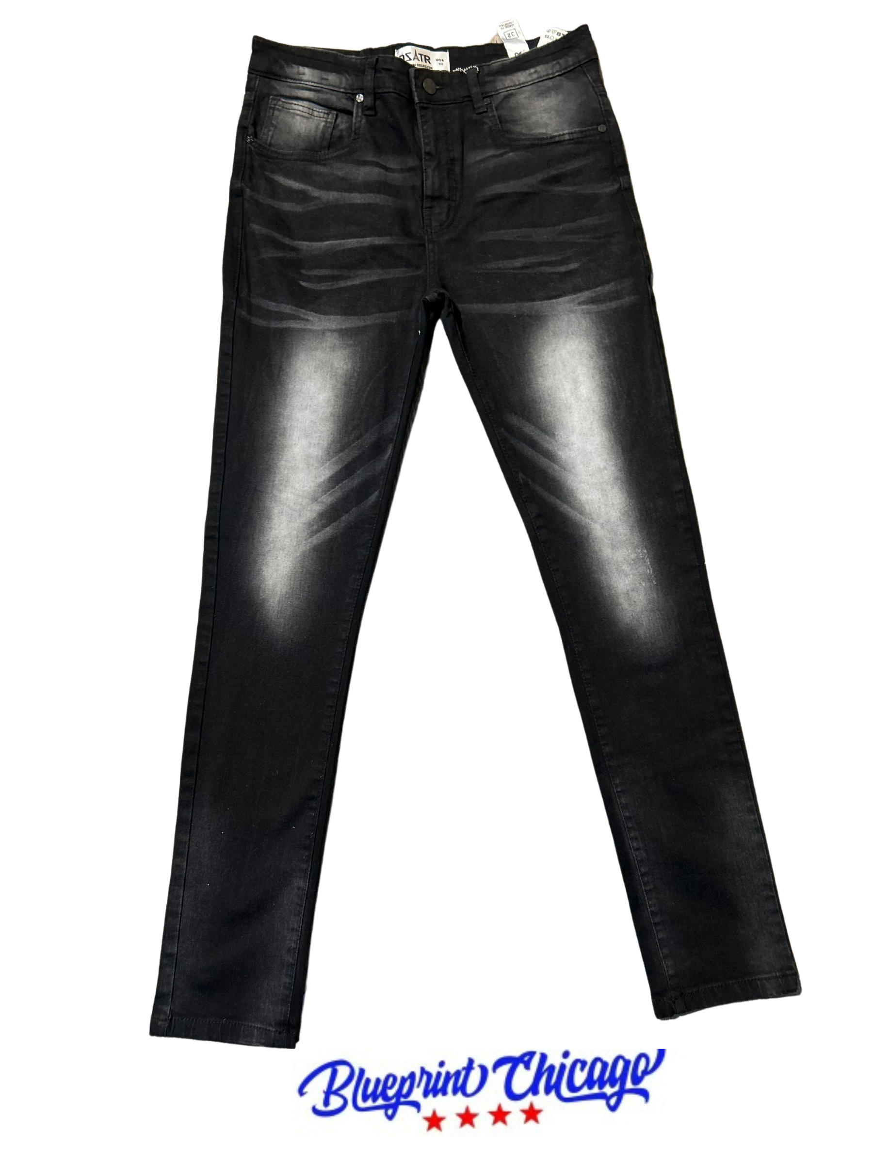 Black slim-fit jeans with light fading and whiskering, displayed flat with a "Blueprint Chicago" label and logo at the bottom.