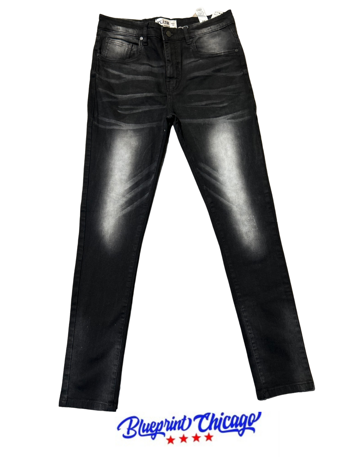Black slim-fit jeans with light fading and whiskering, displayed flat with a "Blueprint Chicago" label and logo at the bottom.