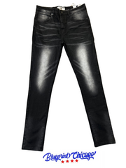 Black slim-fit jeans with light fading and whiskering, displayed flat with a "Blueprint Chicago" label and logo at the bottom.