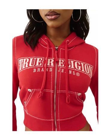 TRUE RELIGION :
 Red Shrunken Big T Zip Hoodie
