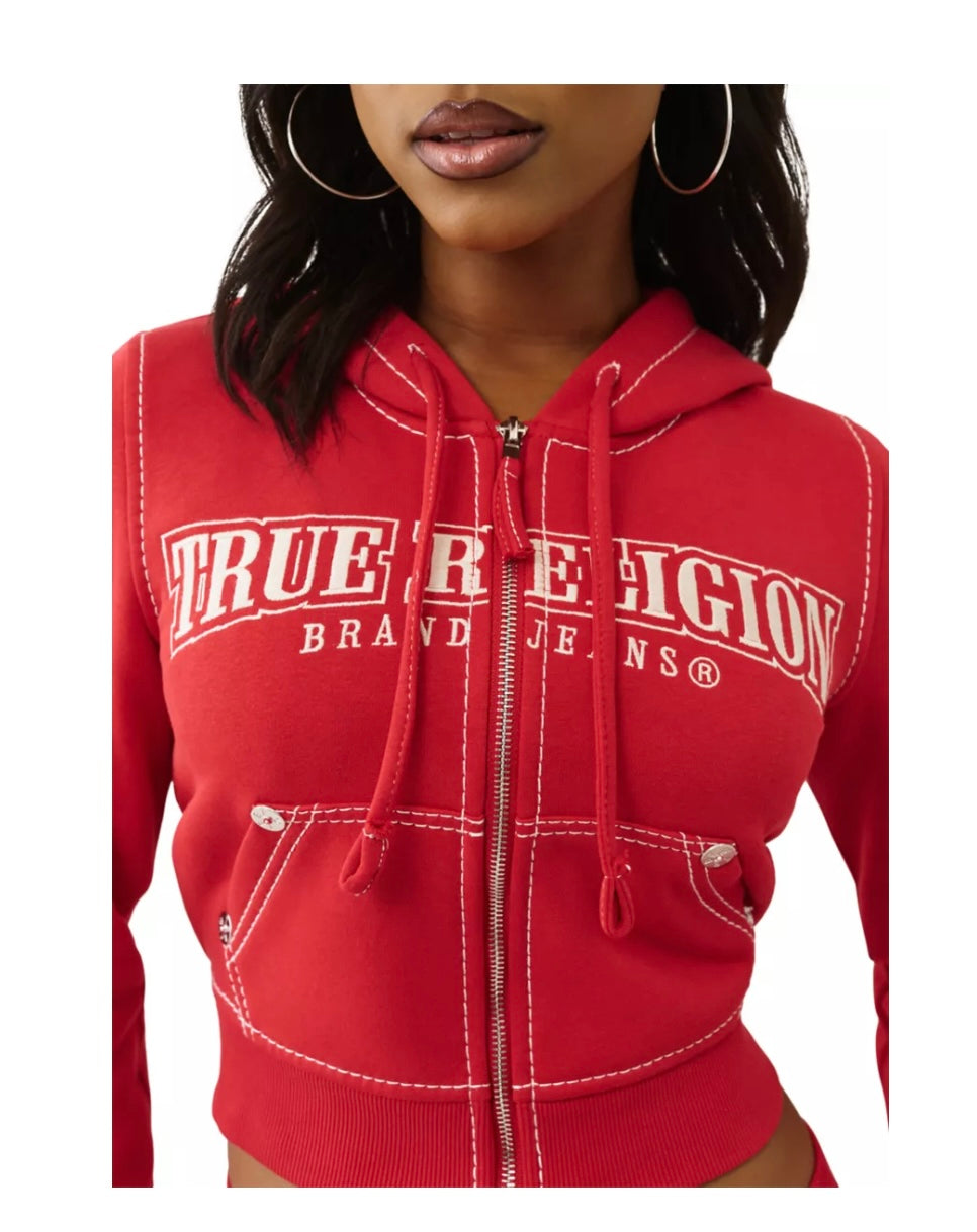 TRUE RELIGION :
 Red Shrunken Big T Zip Hoodie