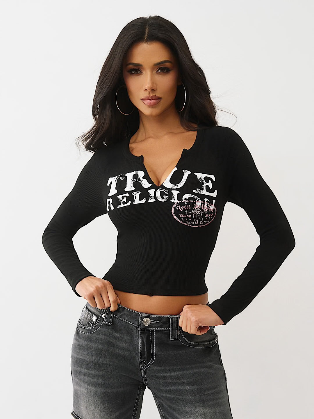 TRUE RELIGION: RIBBED V NOTCHED LONG SLEEVE TEE