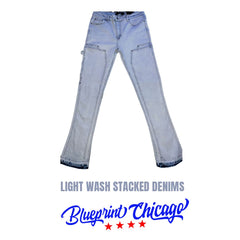 Light-wash stacked denim jeans with a faded design, featuring multiple pockets, displayed with a "Blueprint Chicago" label.