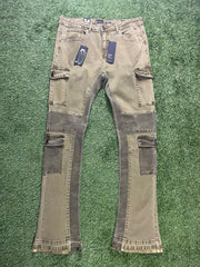 A pair of olive green cargo pants featuring side pockets, camouflage panels, and two black tags hanging from the waistband.