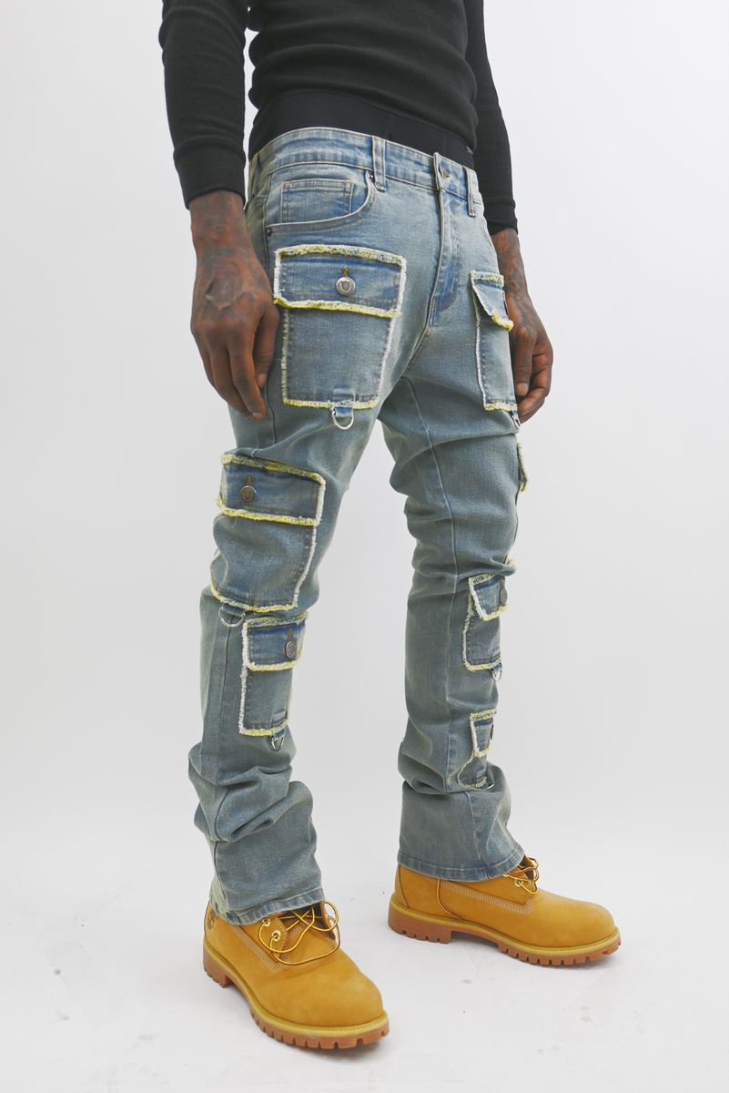 ARMOR JEANS: MULTI POCKET STACKED BLUE JEANS