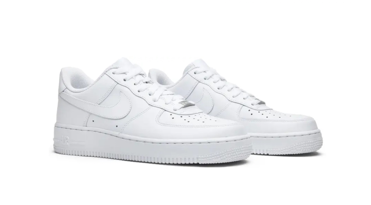 A pair of white Nike Air Force 1 sneakers with perforated toe, laces, and the signature swoosh logo on the sides.