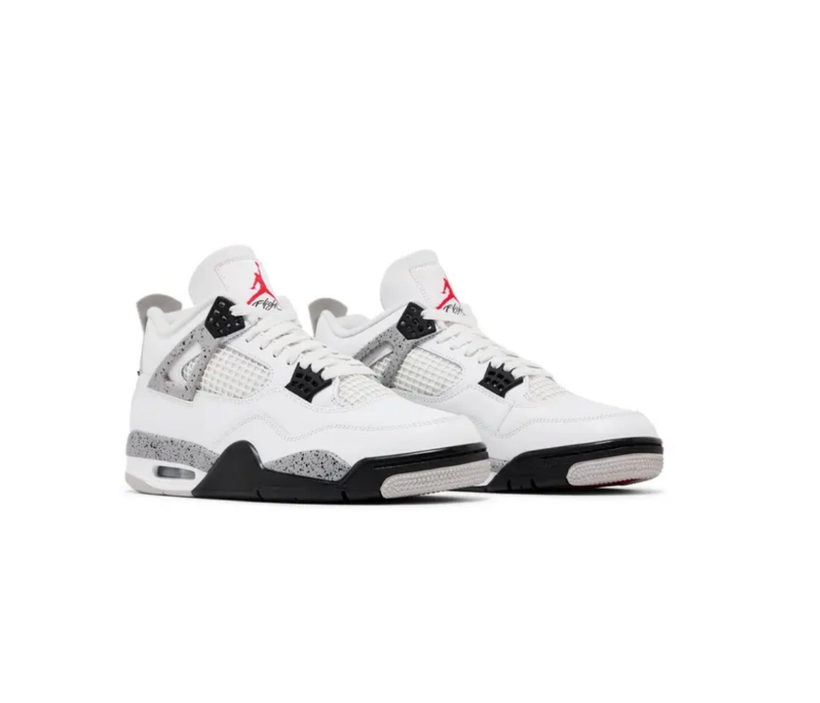 A pair of white and grey Air Jordan 4 sneakers with red accents, black detailing, and a classic mesh side panel design.