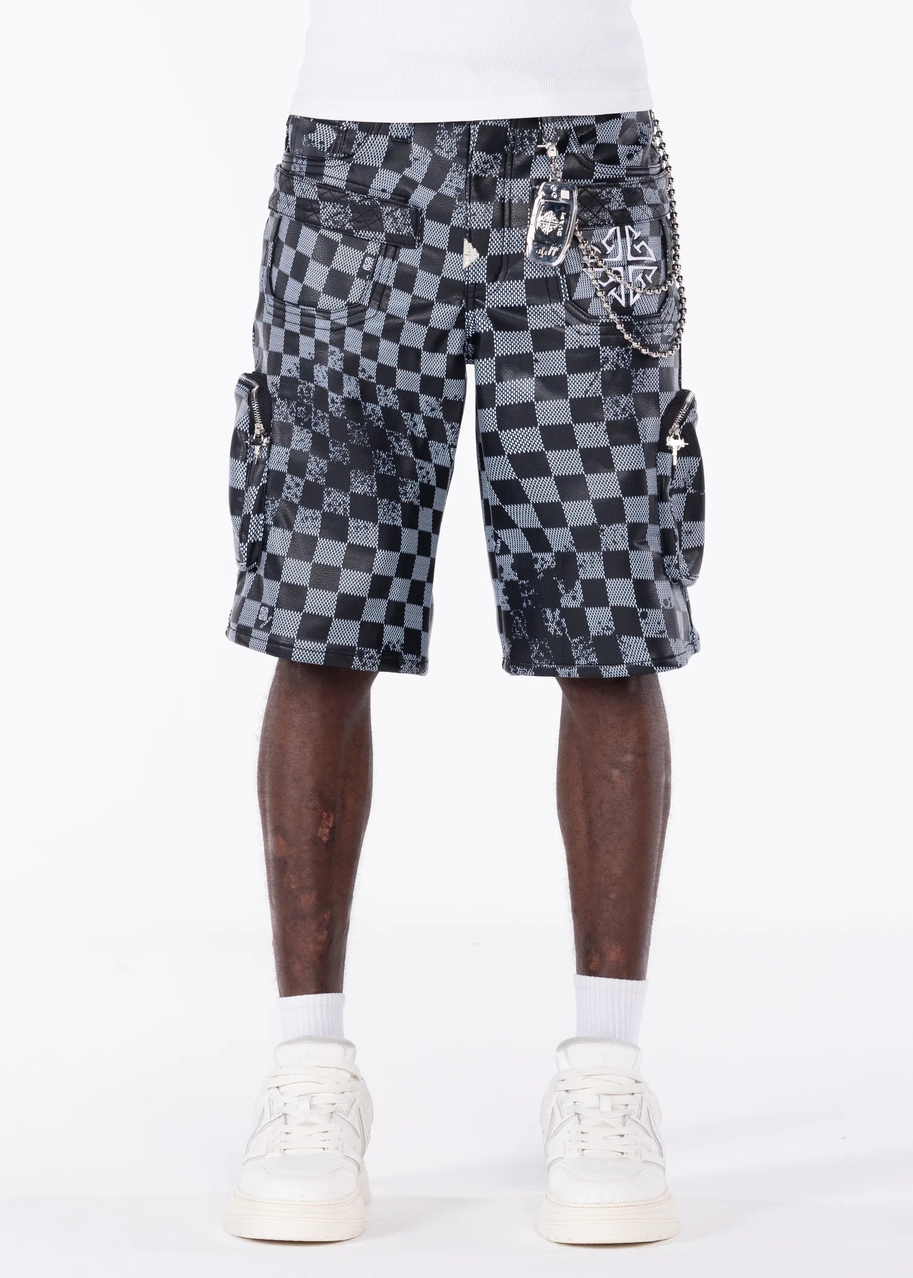 GUAPI: Obsidian Black Checkerboard Leather Shorts