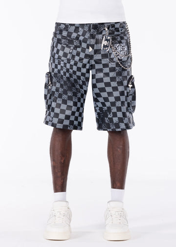 GUAPI: Obsidian Black Checkerboard Leather Shorts